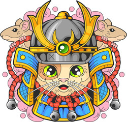 cartoon cute samurai cat, funny illustration, design