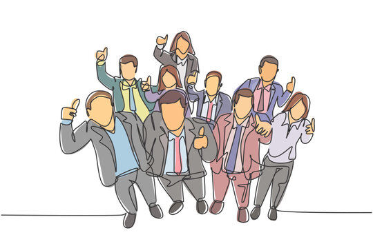 recommend clip art: One single line drawing of young happy male and female managers raise their hand into the air and giving thumbs up gesture. Business celebration concept continuous line draw design vector illustration