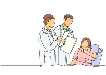 One single line drawing of young male doctor showing positive health progress report to old lady patient who laying at bed. Medical treatment concept continuous line draw design vector illustration
