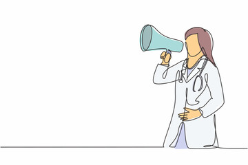 Obraz premium Single continuous line drawing of young female doctor announced important information to the patient using loudspeaker megaphone. Medical health worker concept one line draw design vector illustration