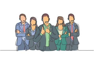 One single line drawing group of male and female customer service team members pose neatly in a straight line. Call center service excellence concept continuous line draw design vector illustration