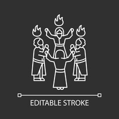 Pentecost celebration white linear icon for dark theme. Men stand in circle. Apostles prayer. Thin line illustration. Isolated symbol for night mode. Editable stroke. Arial font used