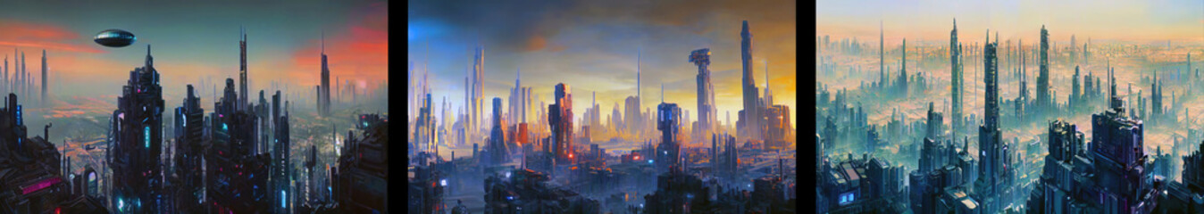Collection of backgrounds with aerial cityscape of a futuristic city, Generative AI	