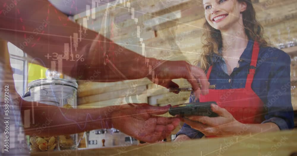Poster animation of financial data processing over people using smartphone and payment terminal