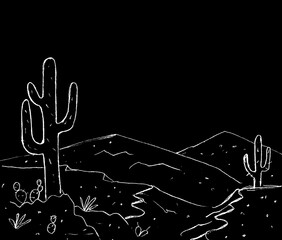 Naklejka premium Landscape with cacti in the desert in white on a black background
