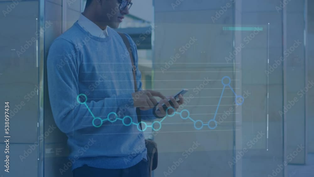 Aufkleber animation of financial data processing over biracial men using smartphone