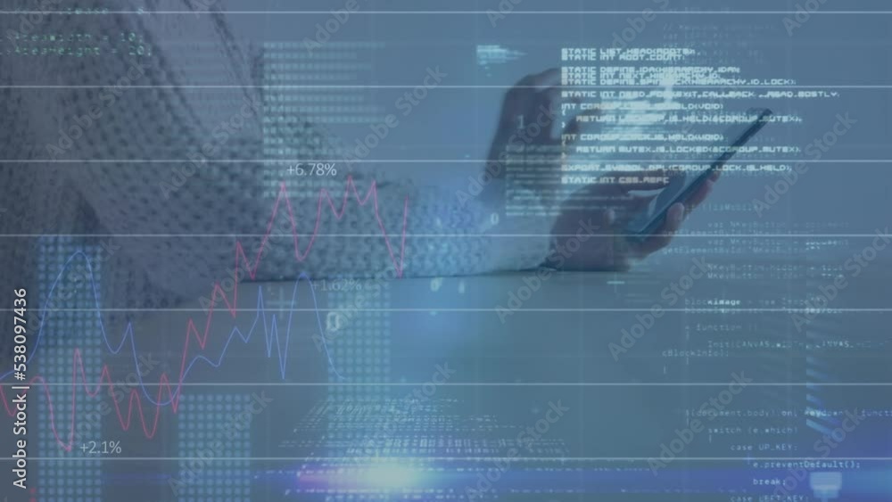 Poster animation of financial data processing over person using smartphone