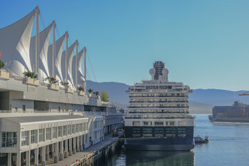 Holland America HAL cruiseship cruise ship liner Koningsdam arrival into Vancouver port, Canada...