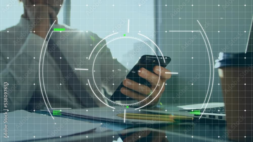Poster animation of scan scope over caucasian men using smartphone