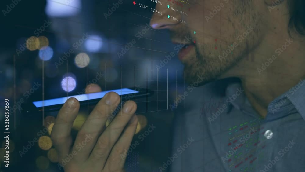 Poster animation of financial data processing over caucasian men using smartphone