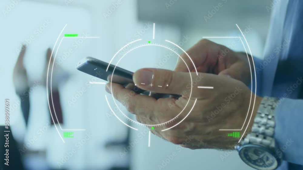 Poster animation of scan scoping over caucasian men using smartphone