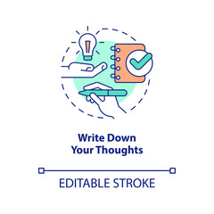 Write down your thoughts concept icon. Keep dairy. Improving self esteem abstract idea thin line illustration. Isolated outline drawing. Editable stroke. Arial, Myriad Pro-Bold fonts used