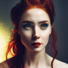 Red-haired sorceress. Beautiful red-haired woman. Portrait of woman with white skin and ginger hair. A woman with big eyes. Generative AI - fictional person.