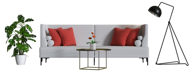 sofa and decoration on transparent background. png. 3D rendering