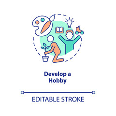 Develop hobby concept icon. Take break from routine life. Improving self esteem abstract idea thin line illustration. Isolated outline drawing. Editable stroke. Arial, Myriad Pro-Bold fonts used