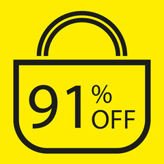 91 percent off. Yellow banner with shopping bag illustration.