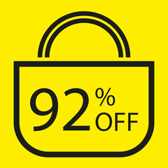 92 percent off. Yellow banner with shopping bag illustration.