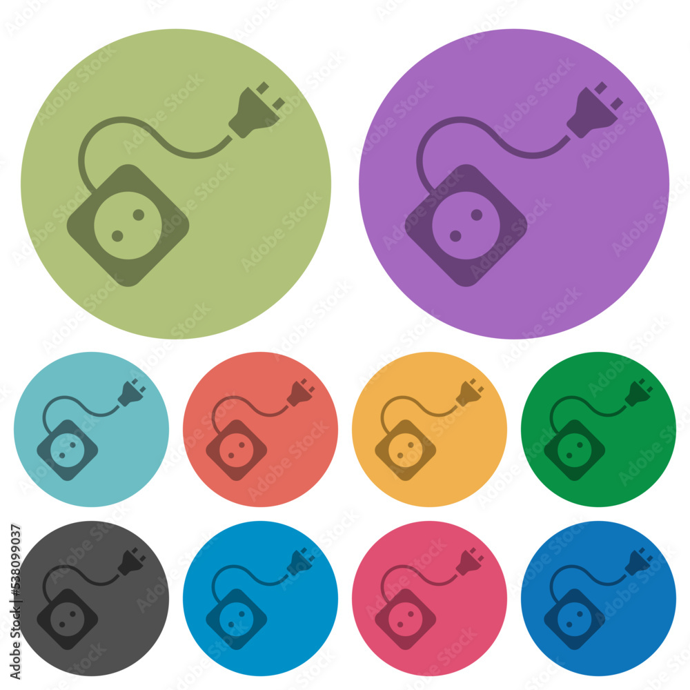 Poster portable electrical outlet with one socket and extension cord and plug solid color darker flat icons