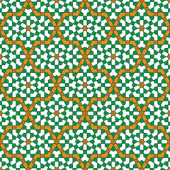 Seamless arabic geometric ornament in green ,orange and black colors.