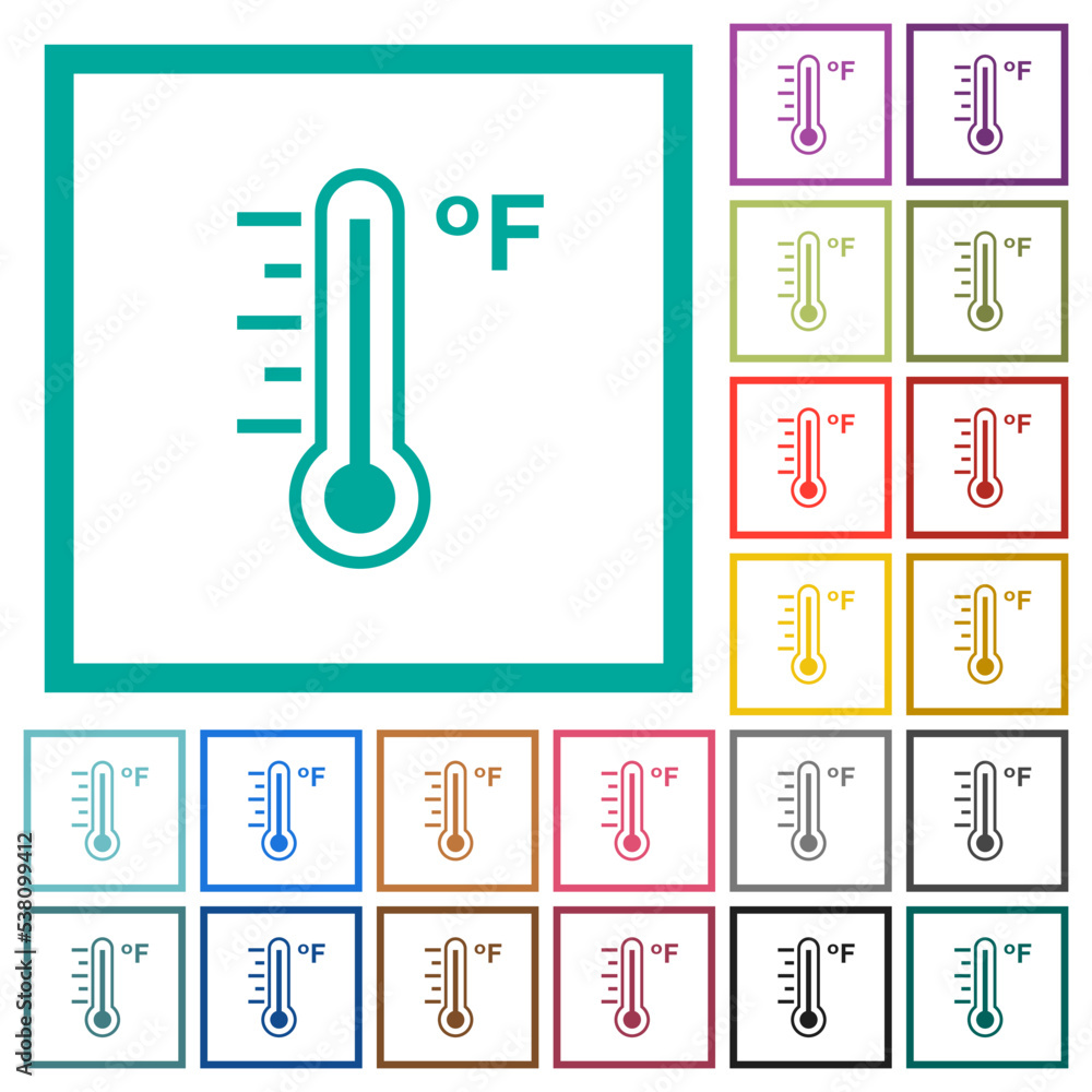 Poster fahrenheit thermometer warm temperature flat color icons with quadrant frames