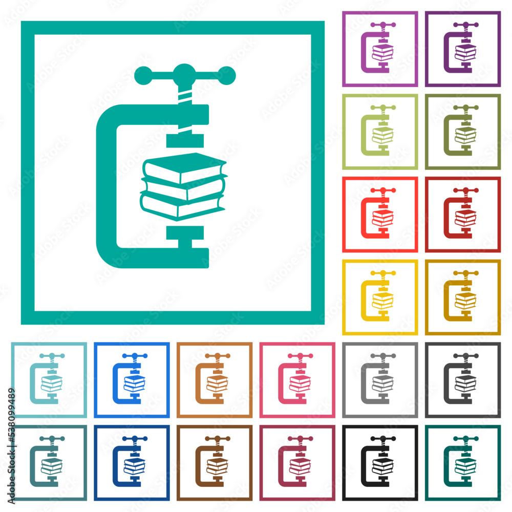 Poster compressing books with vise clamp flat color icons with quadrant frames
