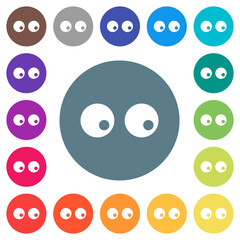 Watching eyes solid flat white icons on round color backgrounds