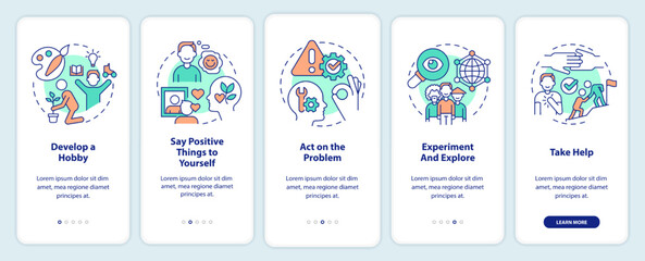 Self esteem improvement onboarding mobile app screen. Psychology walkthrough 5 steps editable graphic instructions with linear concepts. UI, UX, GUI template. Myriad Pro-Bold, Regular fonts used