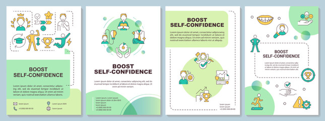 Self confidence boosting green brochure template. Leaflet design with linear icons. Editable 4 vector layouts for presentation, annual reports. Arial Bold, Myriad Pro-Regular fonts used