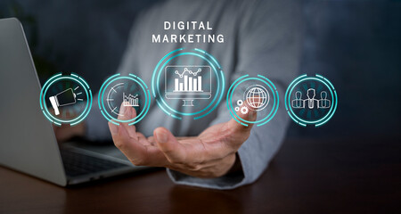 Hand shows the sign and icon of Digital marketing internet advertising and sales increase business technology concept, online marketing, E-business