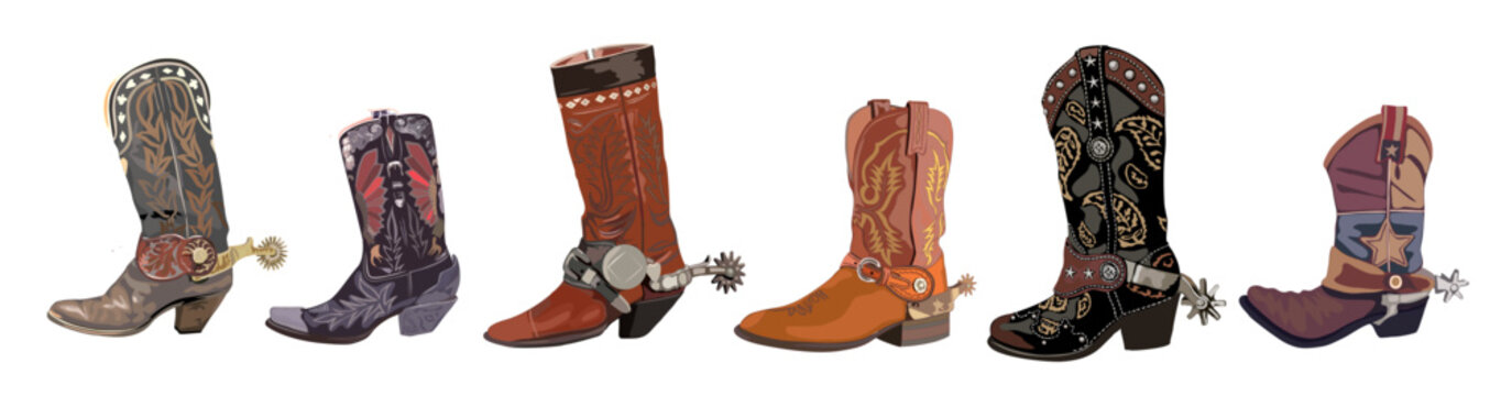 Set Of Cowboy Boots With Spurs. Traditional Western Vintage Embroidered Leather Boots. Wild West Concept. Vector Realistic Illustration Isolated On White Background.