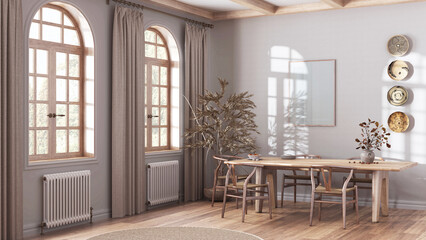 Classic scandinavian dining room in white and beige tones. Bleached wooden table with chairs, parquet and frame mockup. Japandi interior design