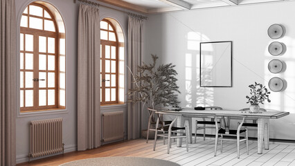 Architect interior designer concept: hand-drawn draft unfinished project that becomes real, classic scandinavian dining room. Wooden table with chairs. Japandi style
