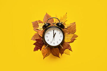 Daylight saving day. Fall Back. Black Alarm clock and autumn leaves on yellow background. Daylight...