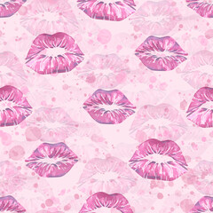 Prints of lips kisses, lipstick on a pink background with splashes of paint. Watercolor illustration. Seamless pattern from a large VALENTINE's DAY set. For fabric, textiles, wrapping paper, wallpaper