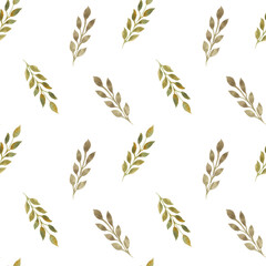 watercolor seamless pattern with dry and green leaves. For printing on paper, packaging, textiles, banners, brochures. Template for design. Rustic, botanical style. Leaf fall, autumn and spring.