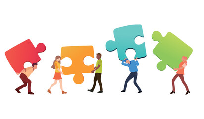 People connecting puzzle pieces, teamwork and partnership concept. Symbol of business, cooperation and innovation. Hand-drawn, vector illustration.