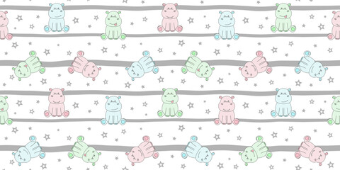 Colorful sitting hippos on a grey and white striped background with stars. Endless texture with tiny behemoths, cute animal. Vector seamless pattern for surface texture, cover, wrapping paper or print