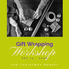 Composition of gift wrapping workshop text over hands with present