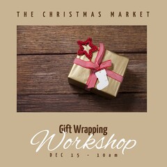 Composition of gift wrapping workshop text over present