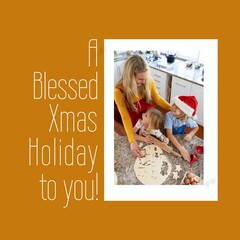 Composition of christmas greetings and caucasian woman with son and daughter on yellow background
