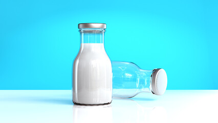 Glass Bottle of Milk and an Empty Bottle laying down. White table, blue background. Dairy Product Template. 3D render.