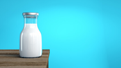 Bottle of milk on a table on blue background. Clean milk template. 3D render.