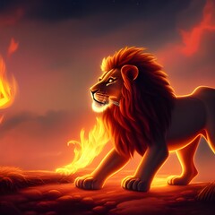 Lion with fire in background, Cartoon lion
