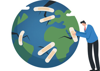 Global Repair. Restoring the world economy. Solve problems affected by the recession..Businessman repairs a broken globe with economic crisis.