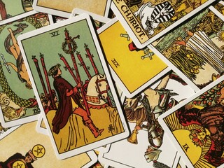 Picture of the Six of Wands tarot card from the original Rider Waite tarot deck with mixed tarot...