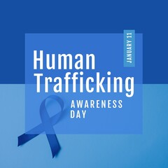 National human trafficking awareness day and 11th january text with blue awareness ribbon