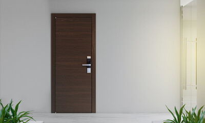 Door way with digital  locking on wood door. Digital door handle with wood oak door panel. - obrazy, fototapety, plakaty
