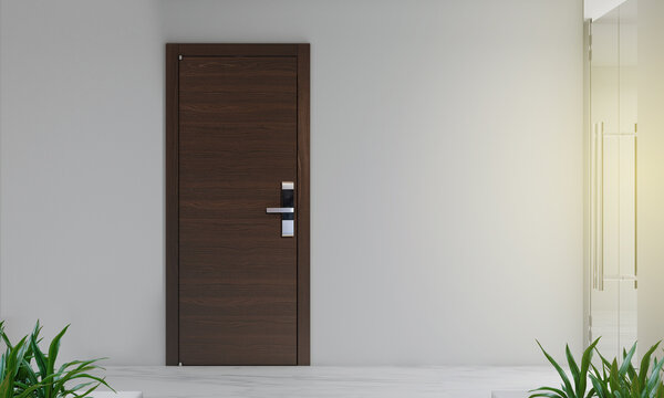 Door way with digital  locking on wood door. Digital door handle with wood oak door panel.
