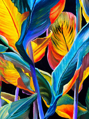 Original oil painting. Tropical leaves on a black background. Leaf print. Interior painting. Design with plants.  