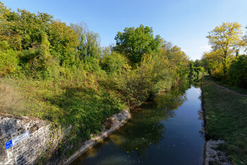Towpath along the Ourcq canal. Congis-sur-Thérouanne village in Île de France region